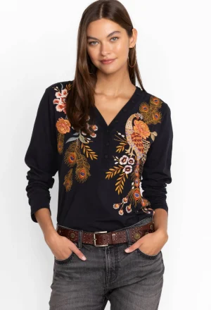 Women Johnny Was Ananke Button Neck Long Sleeve Tee