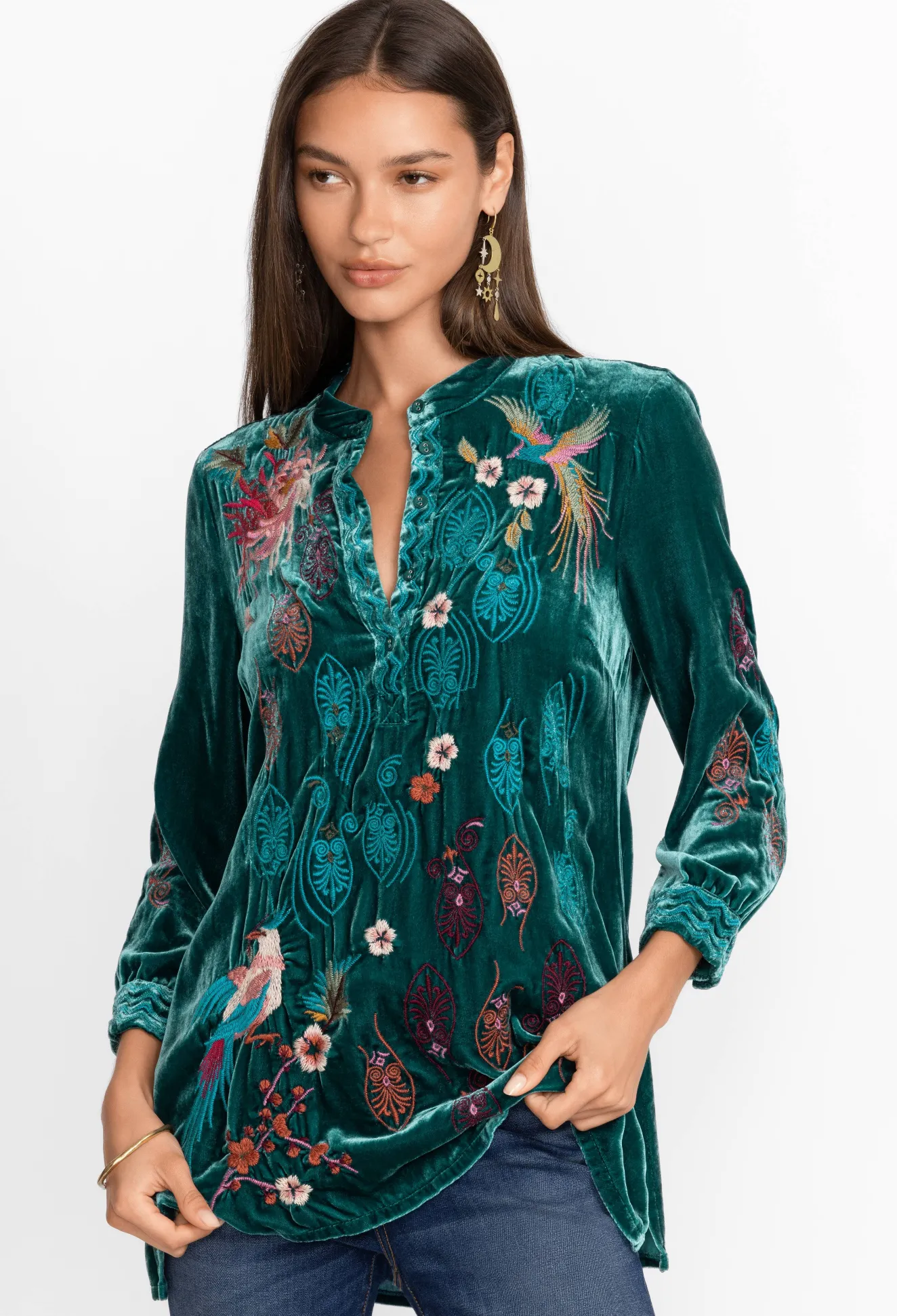 Women Johnny Was Ashira Velvet Henley Shirt Tunic