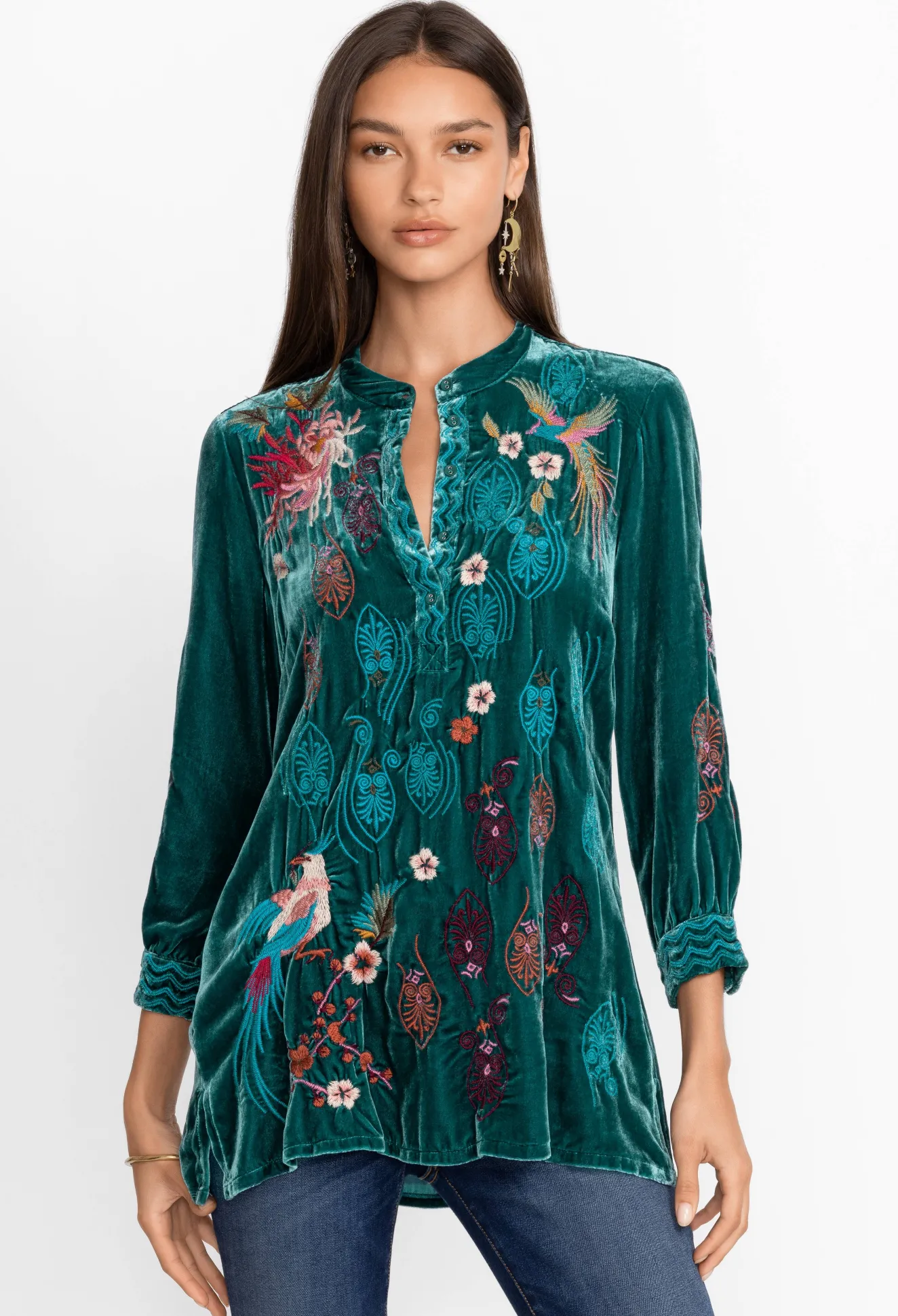 Women Johnny Was Ashira Velvet Henley Shirt Tunic