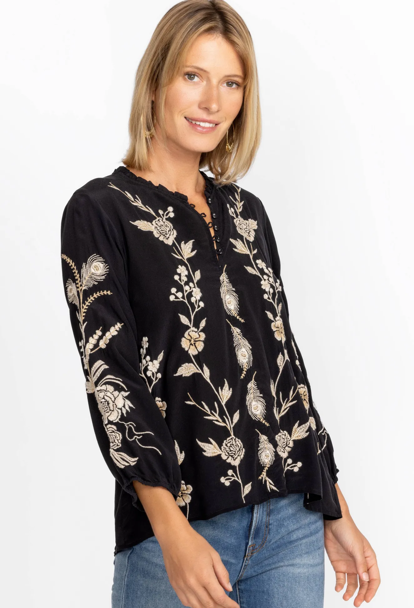 Women Johnny Was Calipso Button Neck Field Blouse