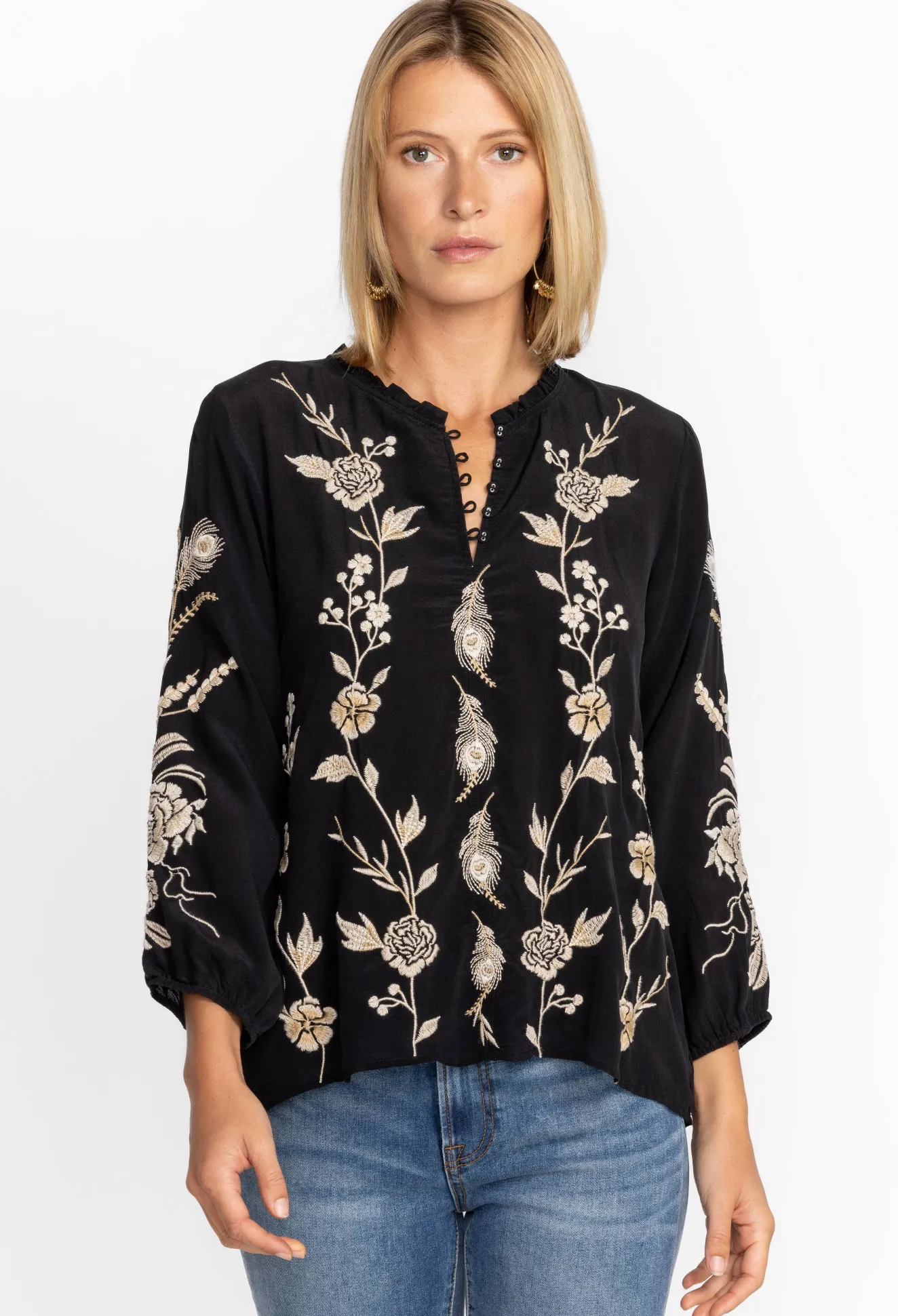 Women Johnny Was Calipso Button Neck Field Blouse