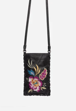 Women Johnny Was Floreale Whipstitch Italian Leather Cell Phone Crossbody