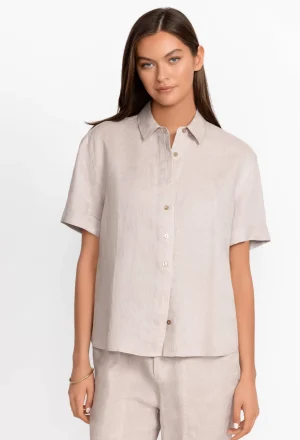 Women Johnny Was Linen Cuff Sleeve Camp Shirt