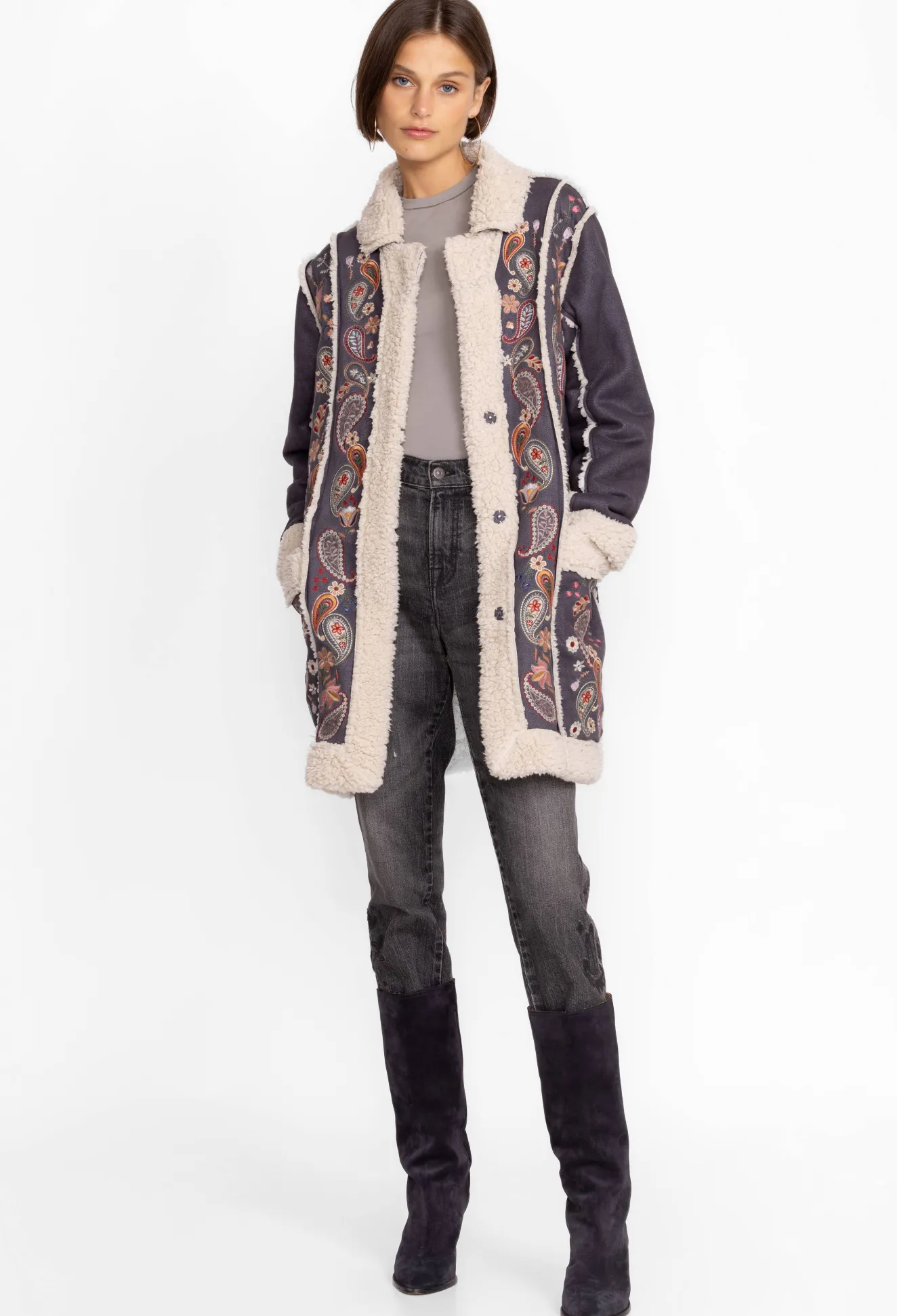 Women Johnny Was Lori Suede Sherpa Jacket